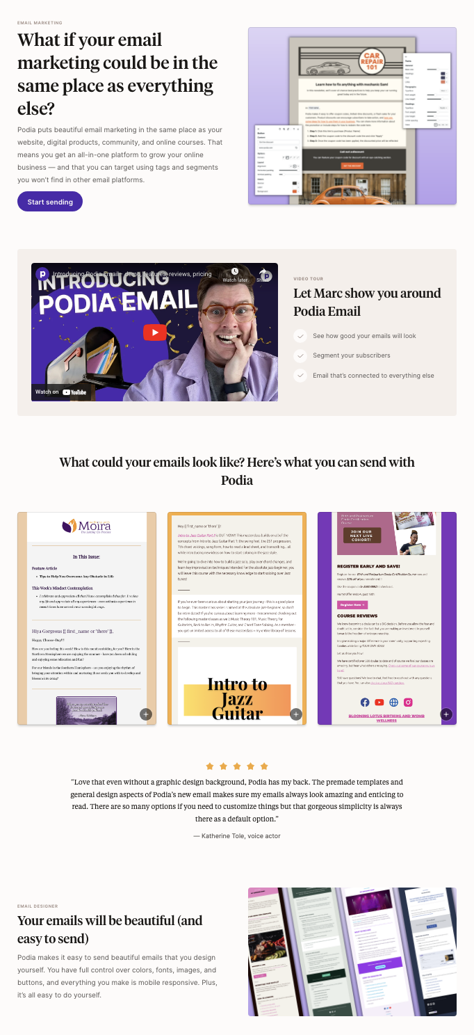 A screenshot of Podia's email marketing feature page